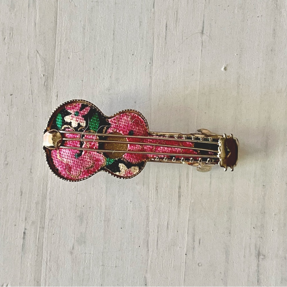 Guitar or ukulele floral pink green gold tone tropical design hair clip barrette